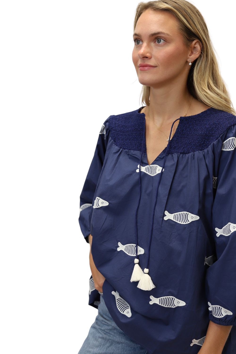Willow Smock Blouse- Embroidered Fish