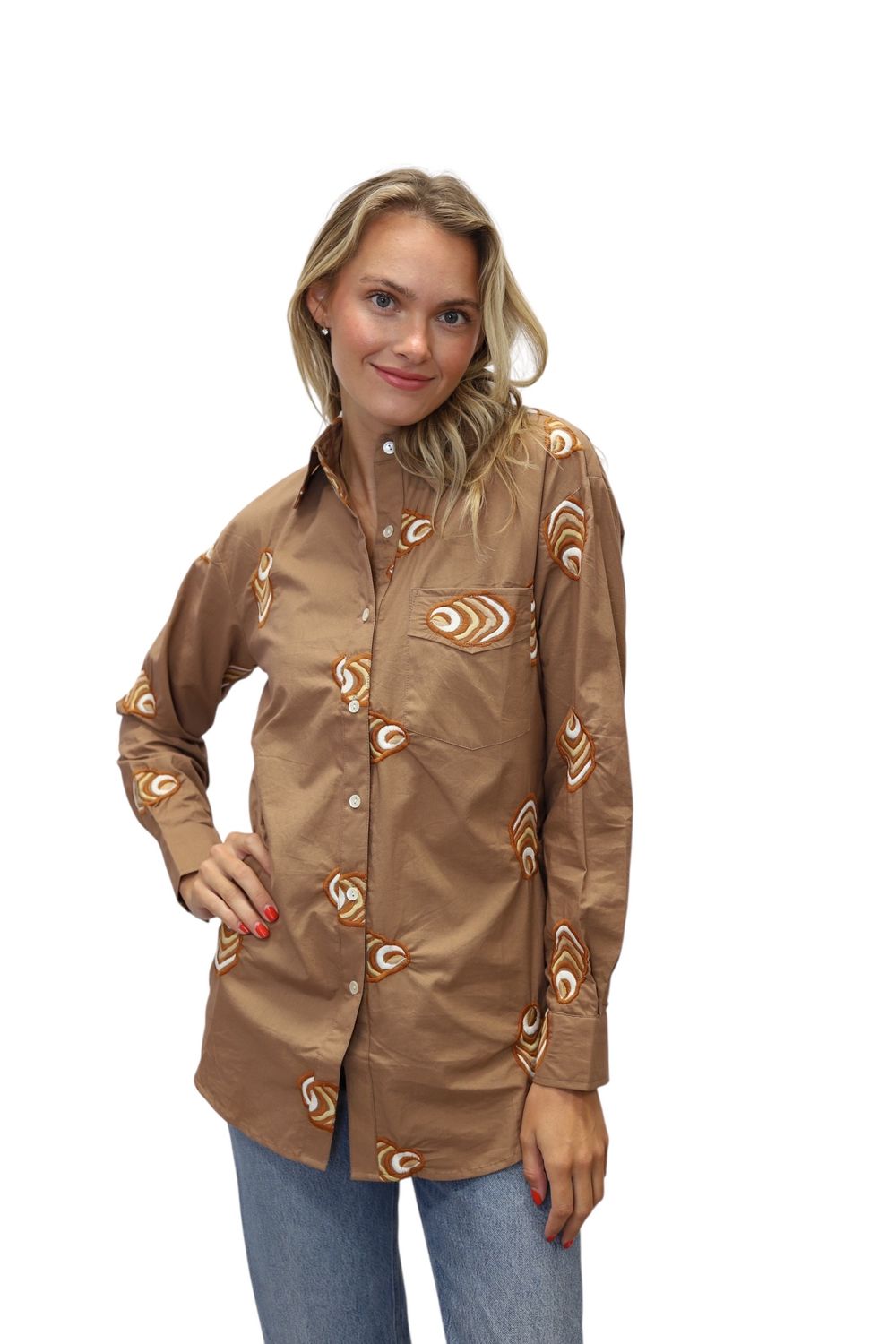 Beach Button Down- Embroidered Oyster