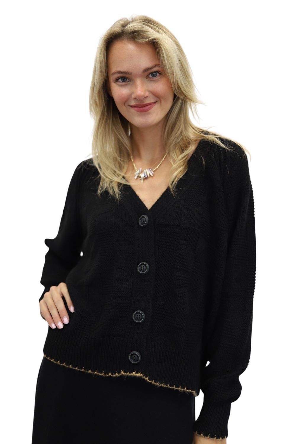 Lilly Stitched Textured Cardigan- Black