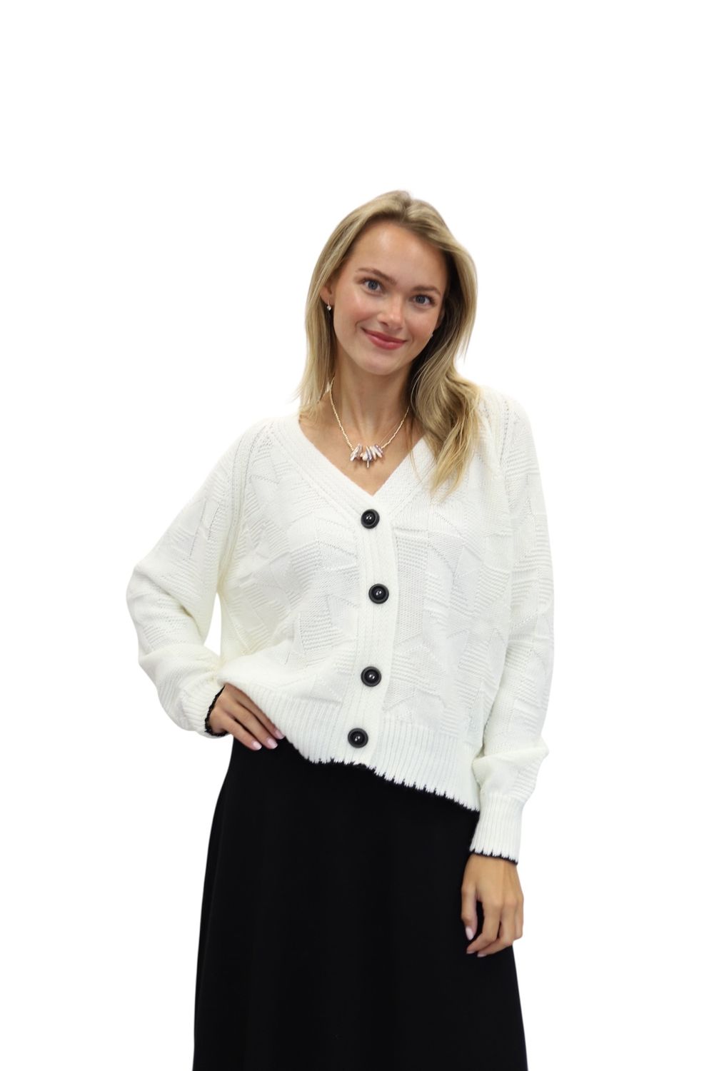 Lilly Stitch Textured Cardigan- Ecru/Black