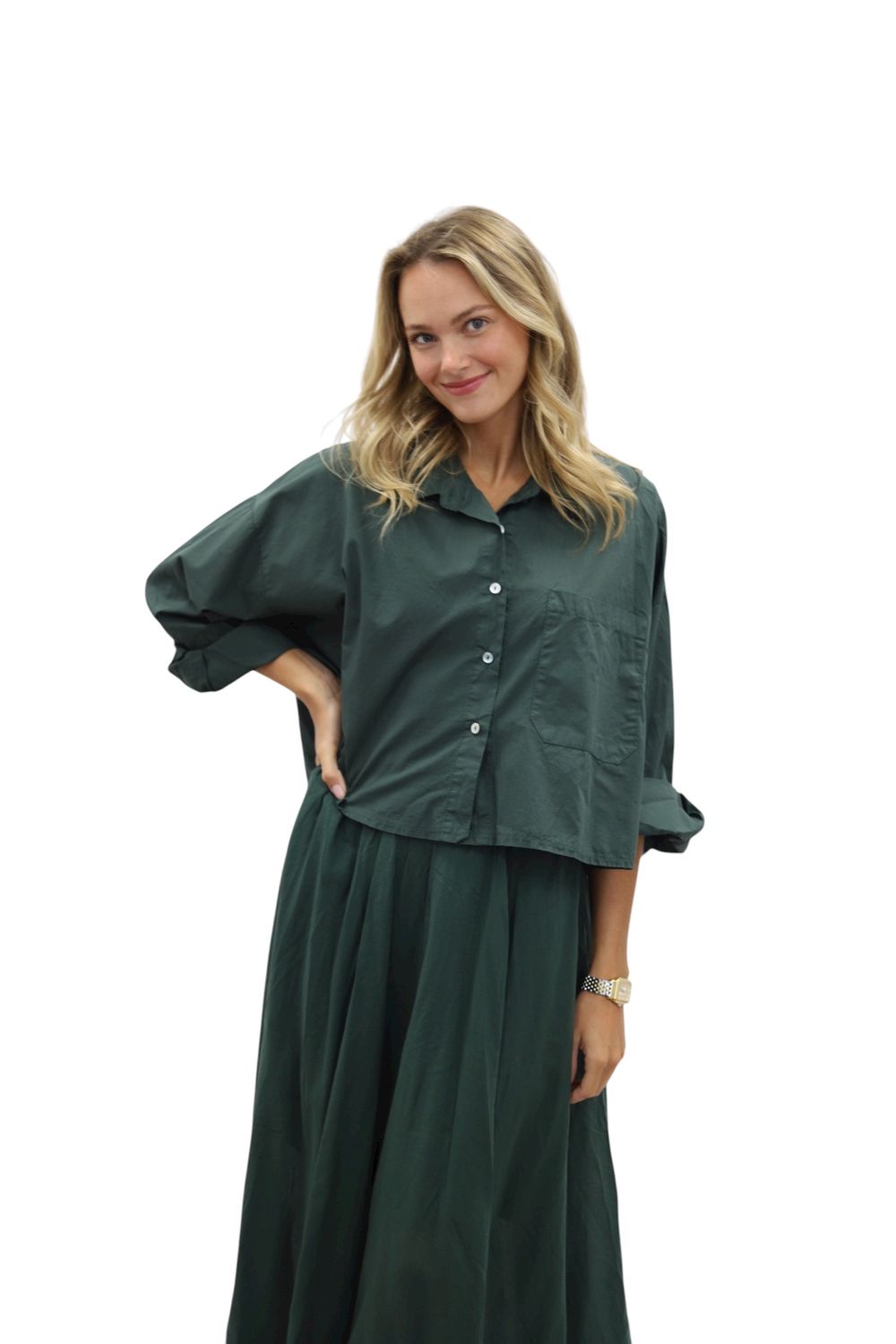 Poppy Crop Button Down- Fir