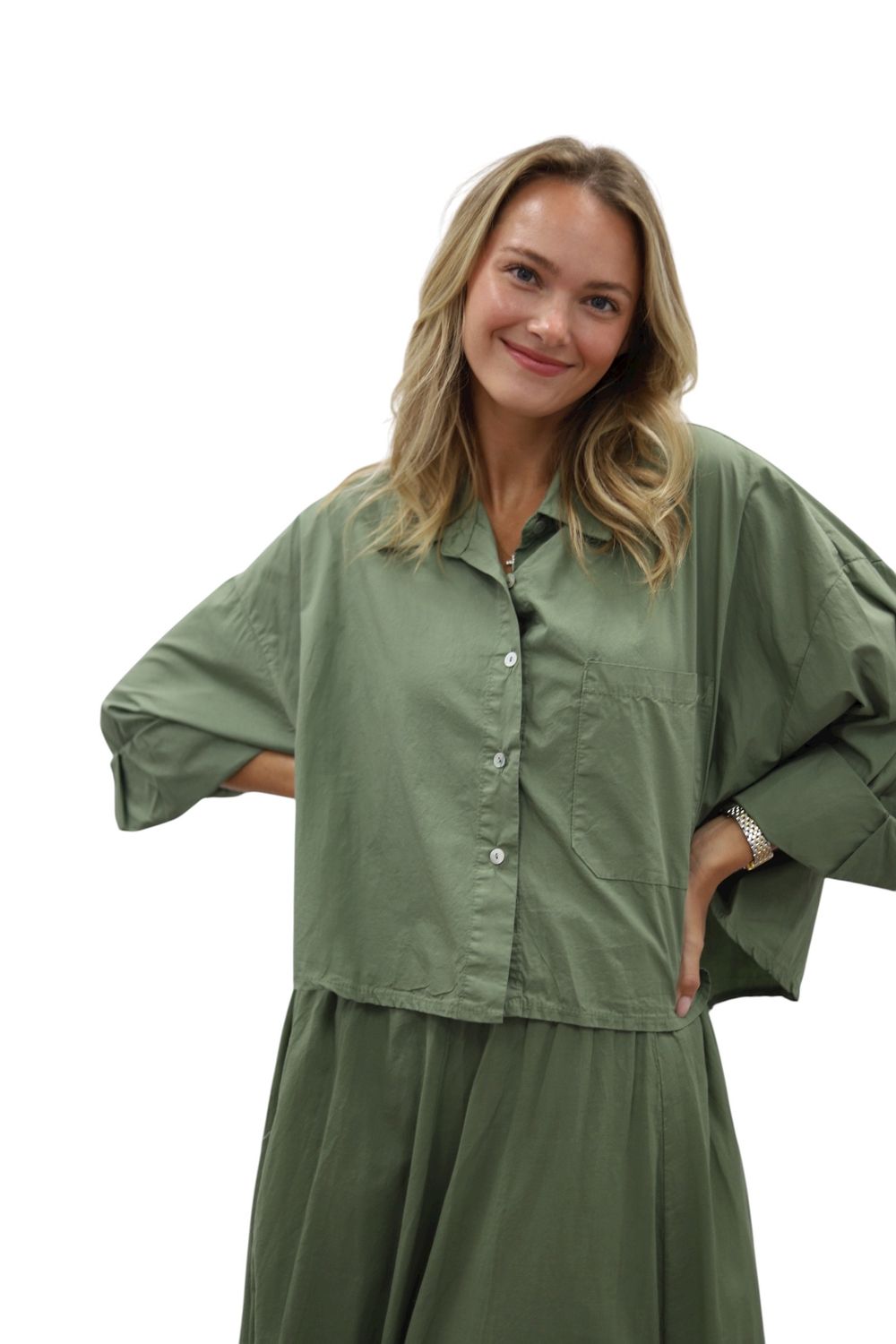 Poppy Crop Button Down- Sage