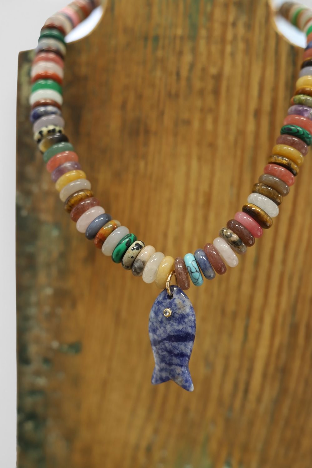 Fruity Beaded Disc Necklace with Slate Fish