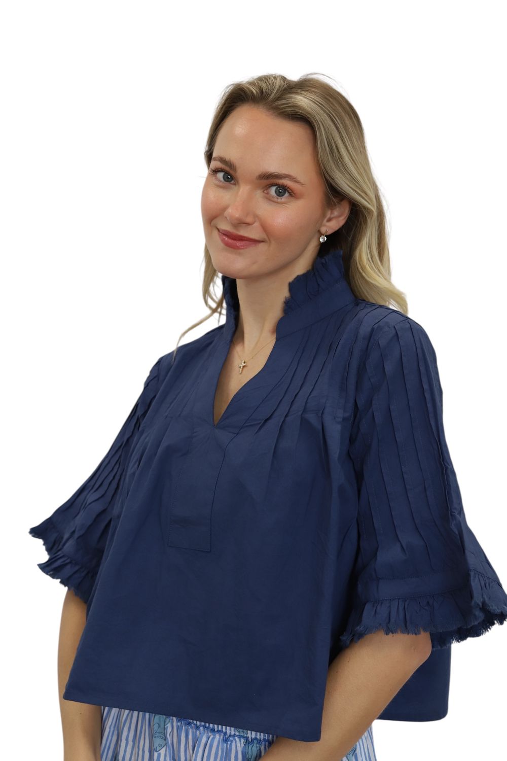 Magnolia Crop Blouse- Navy Poplin