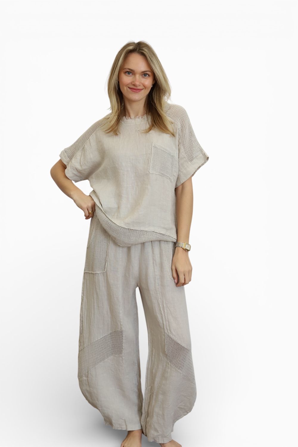 Fisherman Crochet Linen Pants- Beige