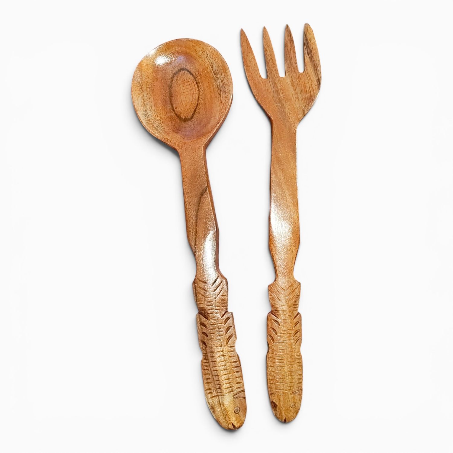 Folk Fish Salad Servers- Handmade Wood (#2)