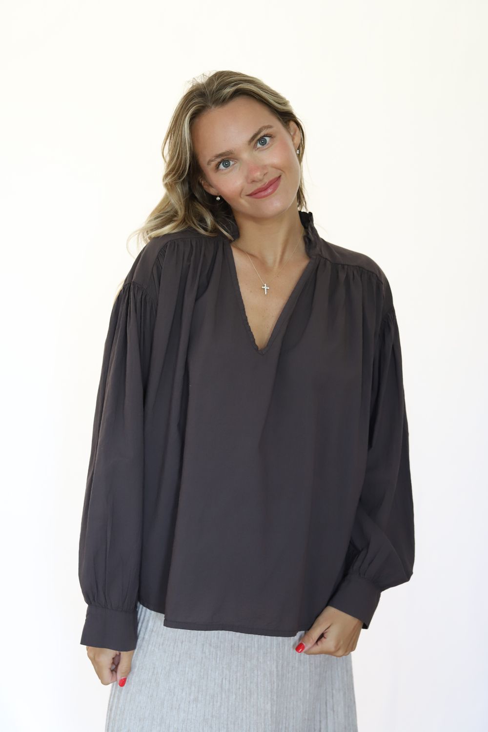 Ruffle Collar Cotton Thrown On- Chocolate