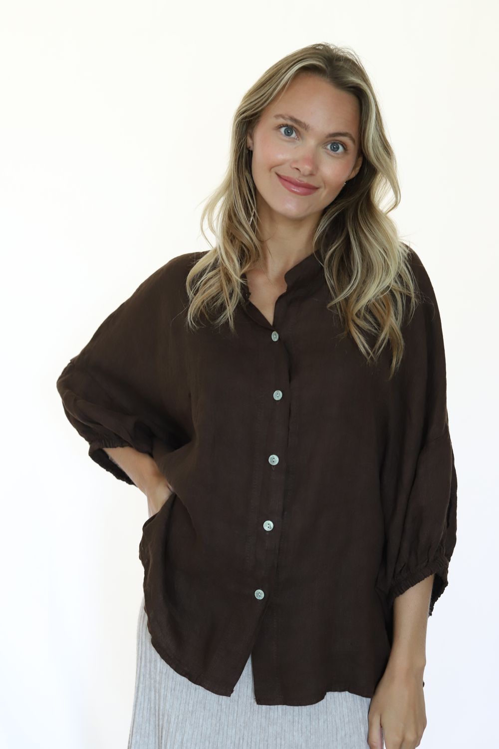 Artist's Linen Button Blouse- Brown