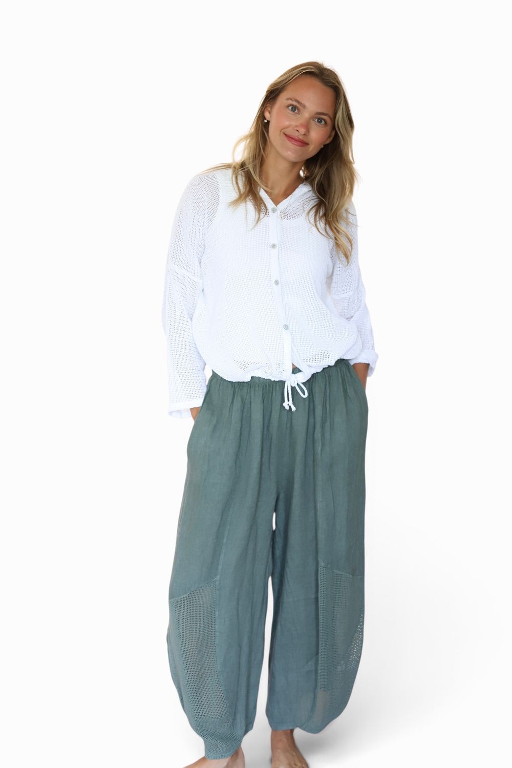 Fisherman Crochet Linen Barrel Pants- Olive