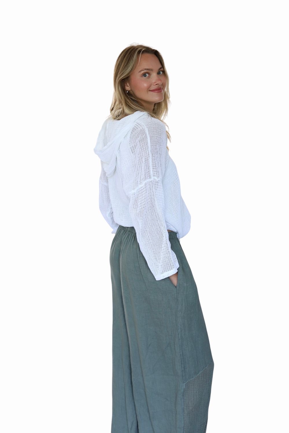 Fisherman Crochet Linen Barrel Pants- Olive