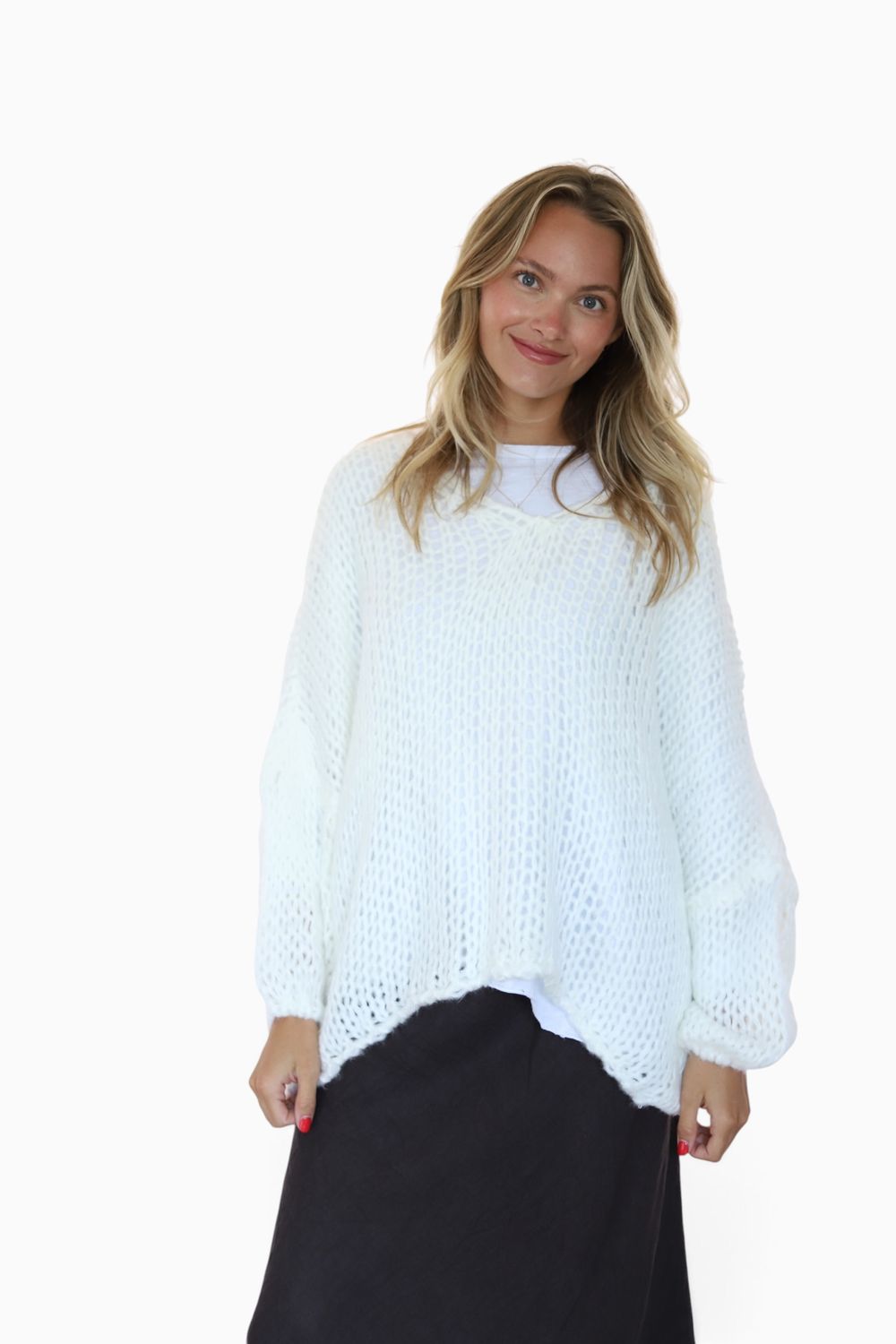 Cozy Sweater- V-Neck, Open Weave - White