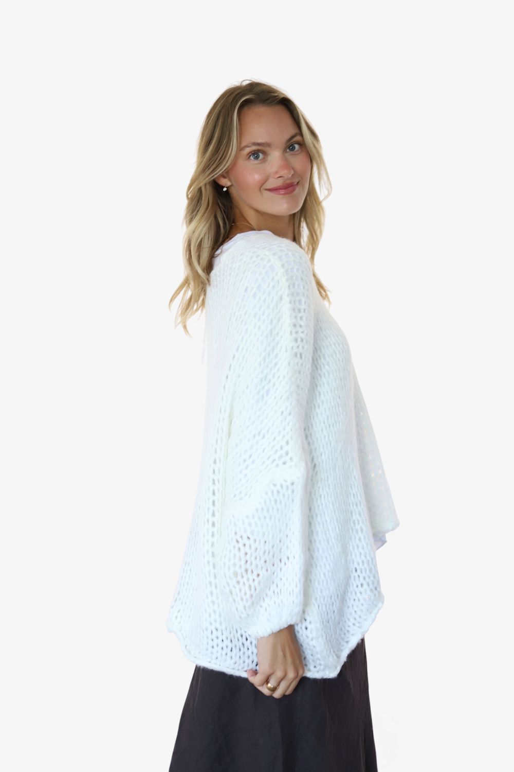 Cozy Sweater- V-Neck, Open Weave - White