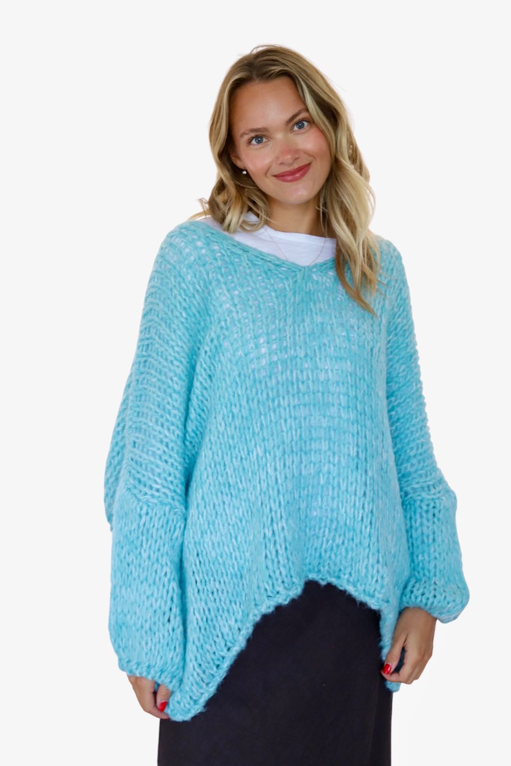 Cozy Sweater- V-Neck, Open Weave- Aruba Blue