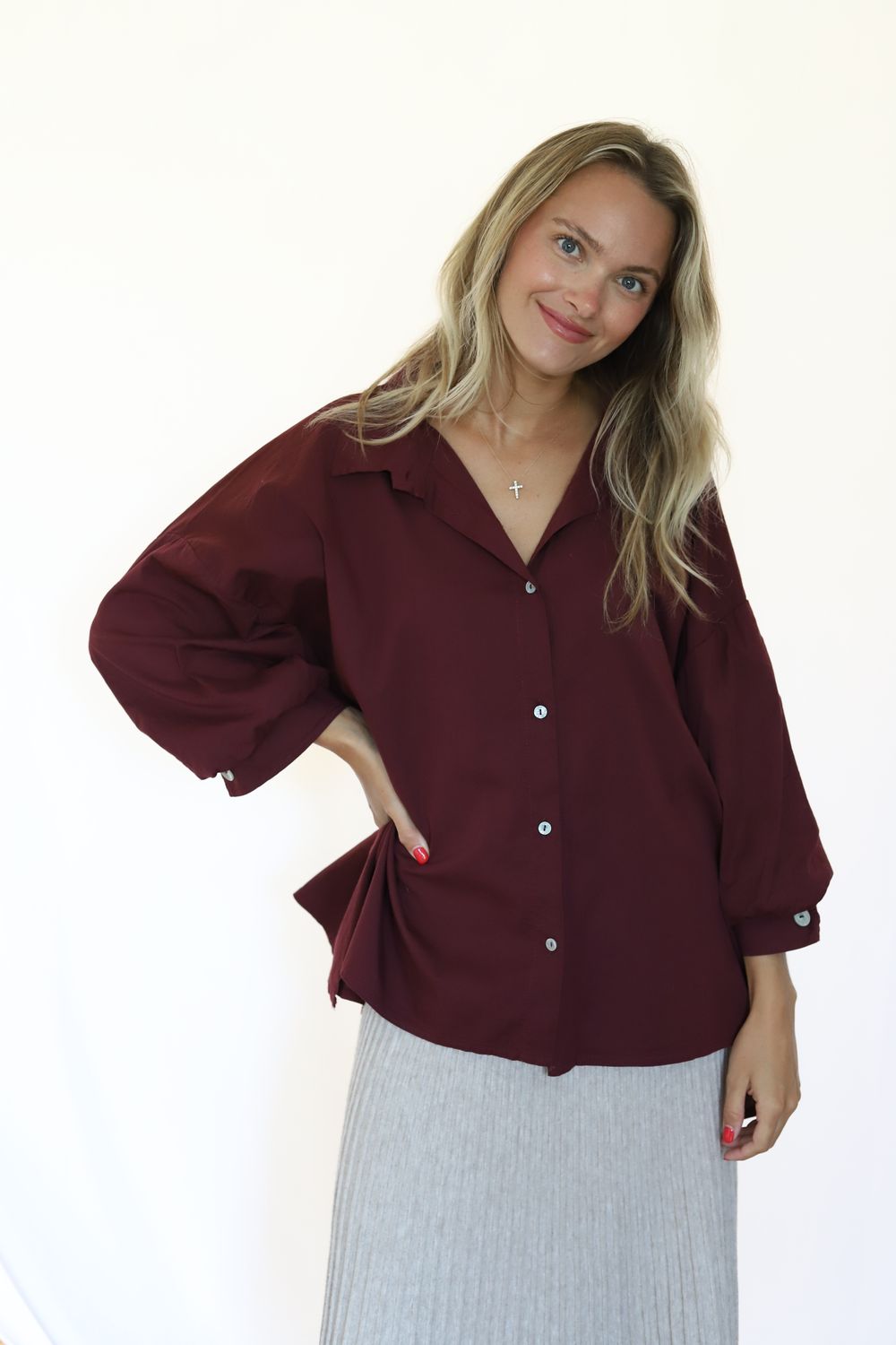 Benny Long Button Shirt- Merlot
