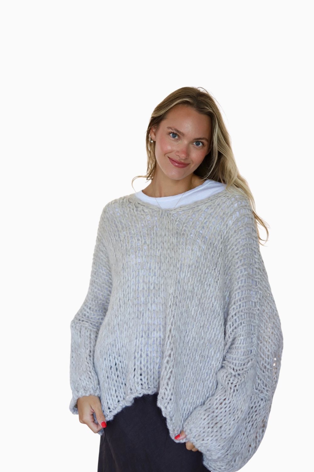 Cozy Sweater- V-Neck, Open Weave- Beige