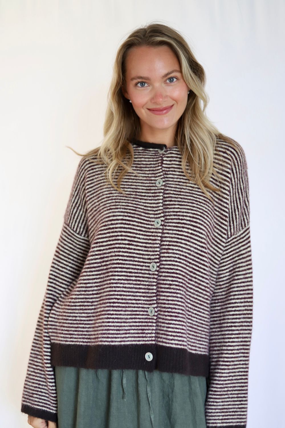 Pencil Stripe Cardi- Chocolate/Plum