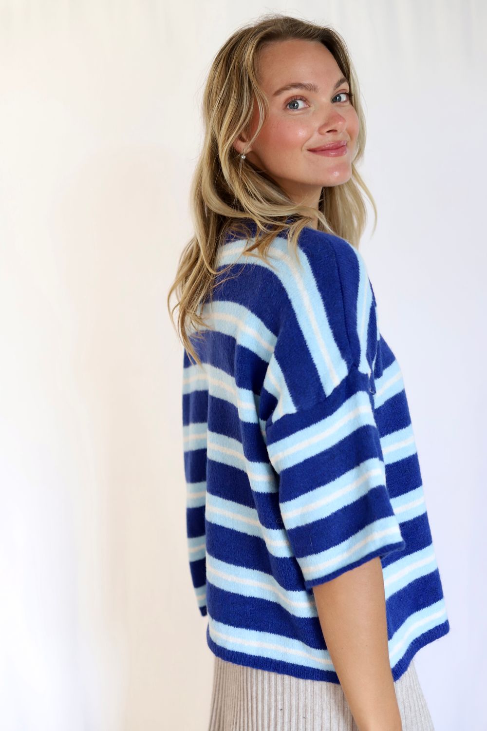Short Sleeve Stripe Cardi- Royal