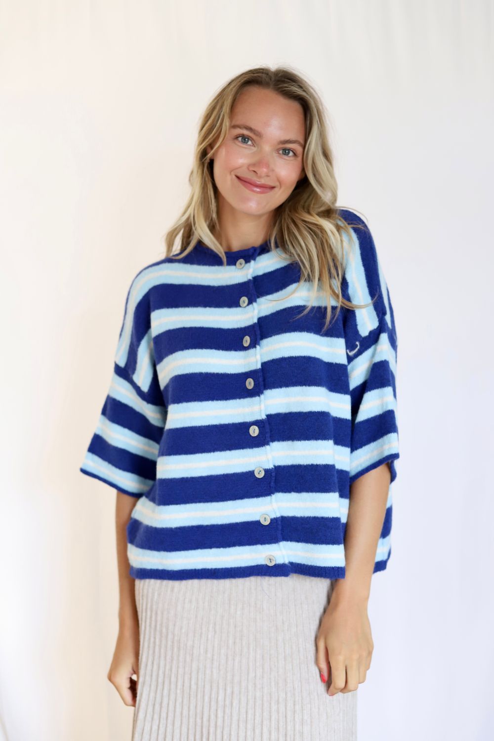 Short Sleeve Stripe Cardi- Royal