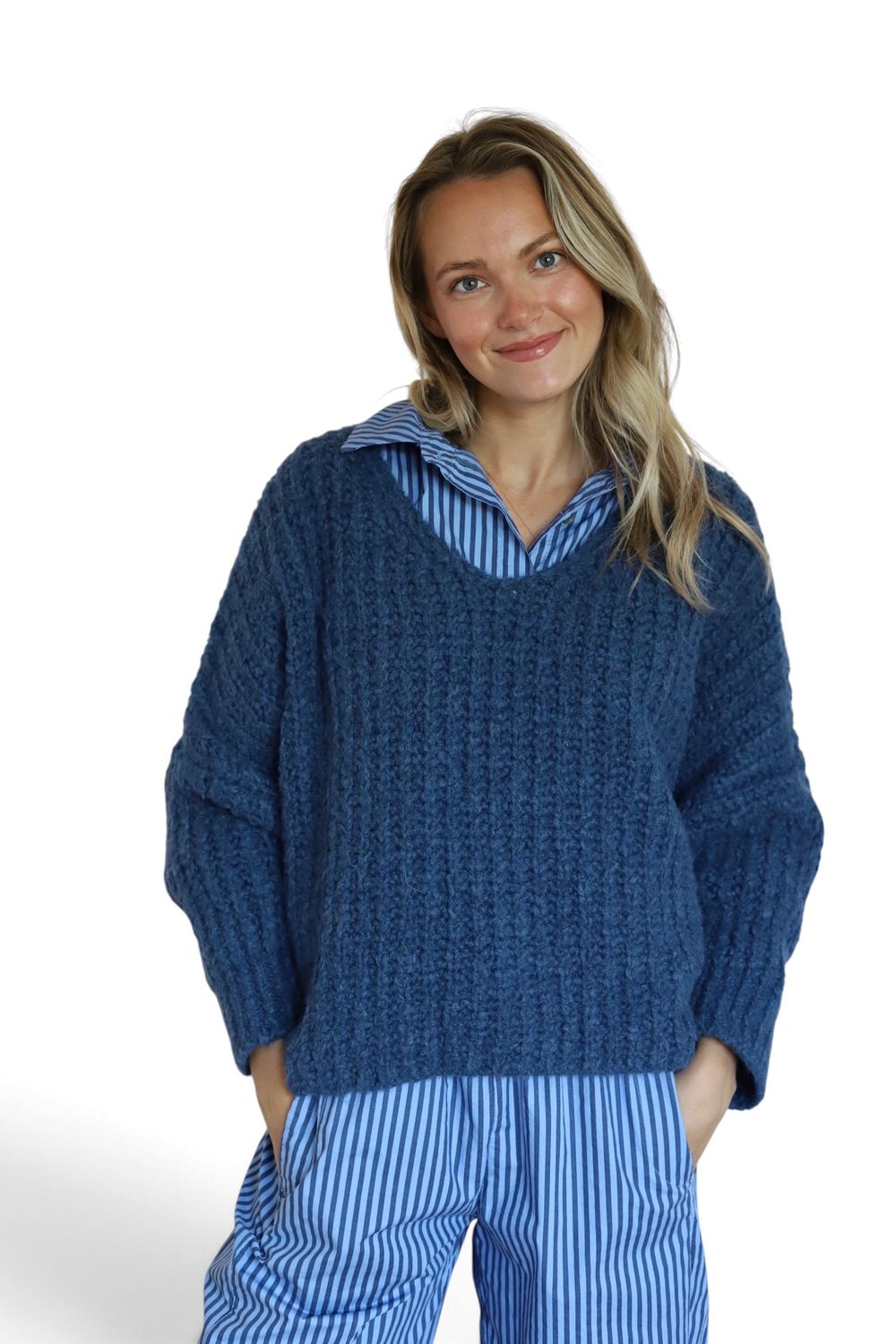 V-Neck Chunky Knit Classic Sweater- Ocean Blue