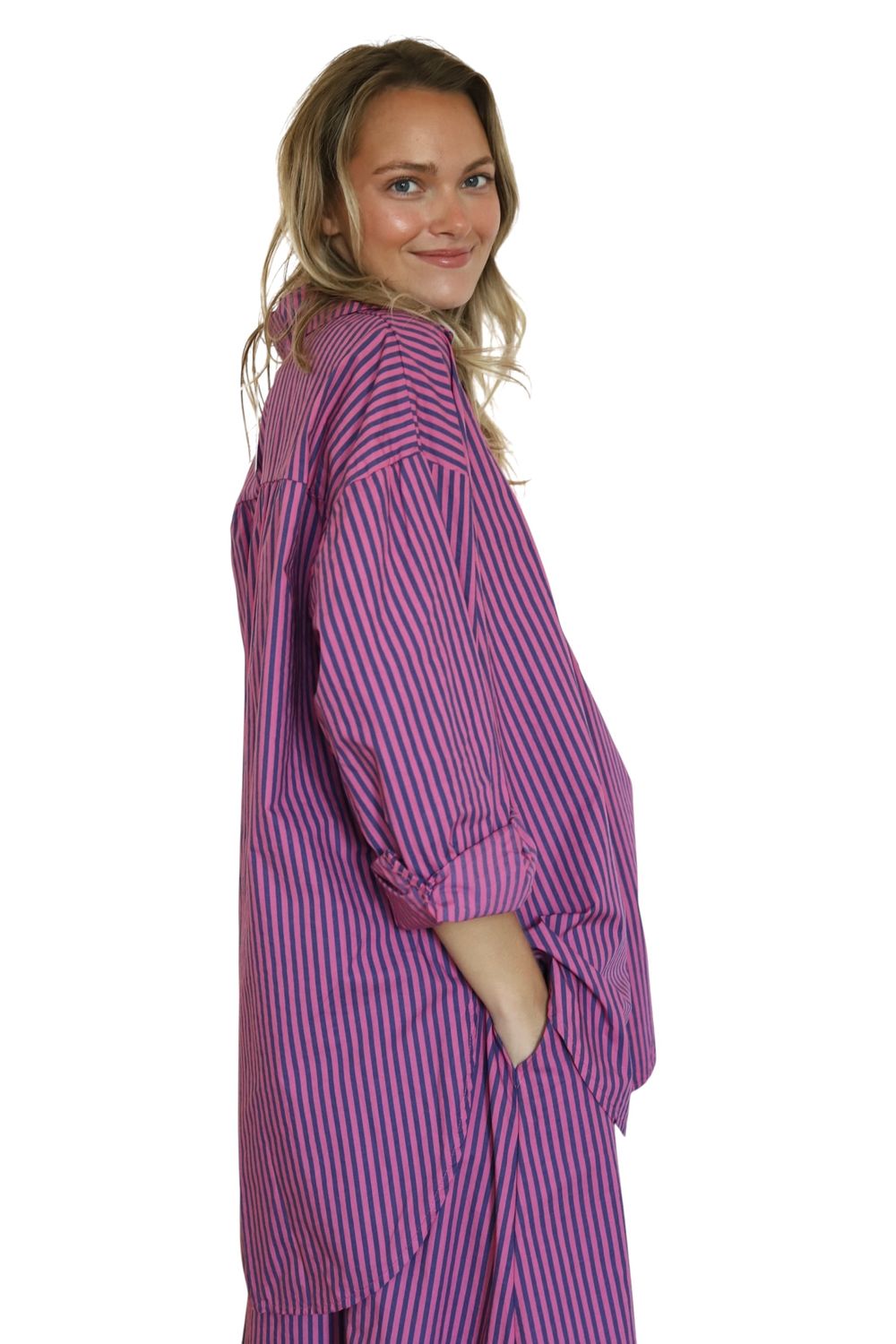 Poppy Button Down- Cranberry Mariner Stripe