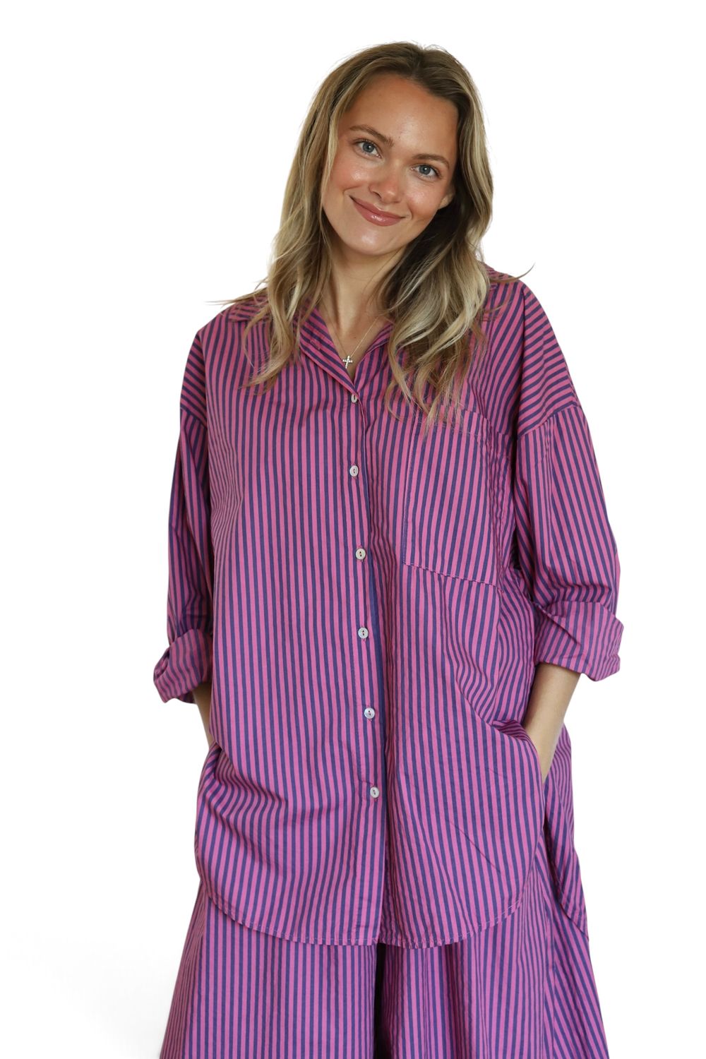 Poppy Button Down- Cranberry Mariner Stripe