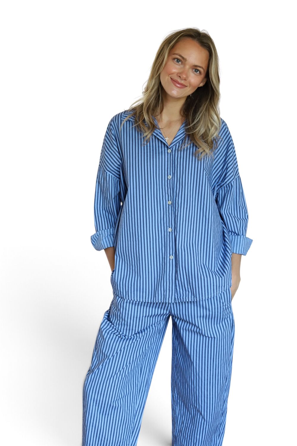 Poplin Trousers- Mariner Stripe, Dusty Blue