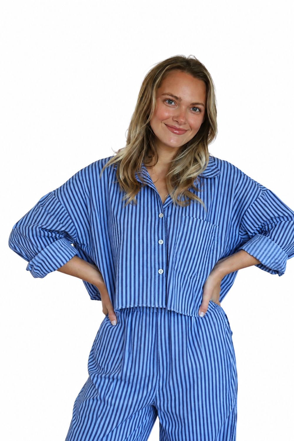 Poppy Crop- Mariner Stripe, Dusty Blue