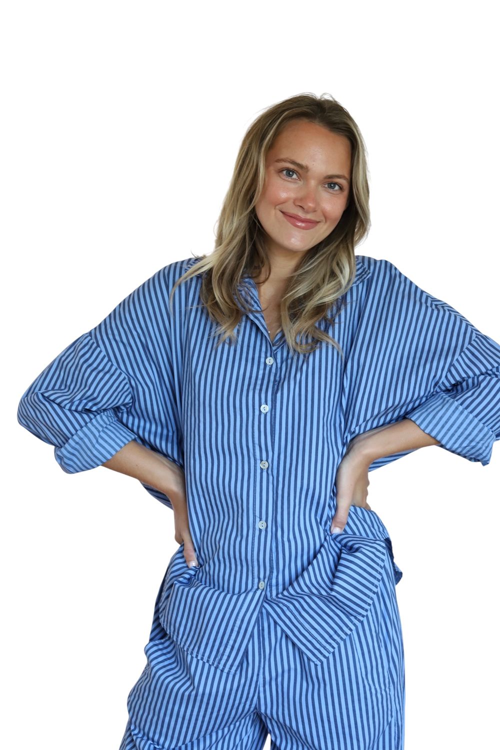 Classic Button Shirt- Mariner Stripe, Dusty Blue