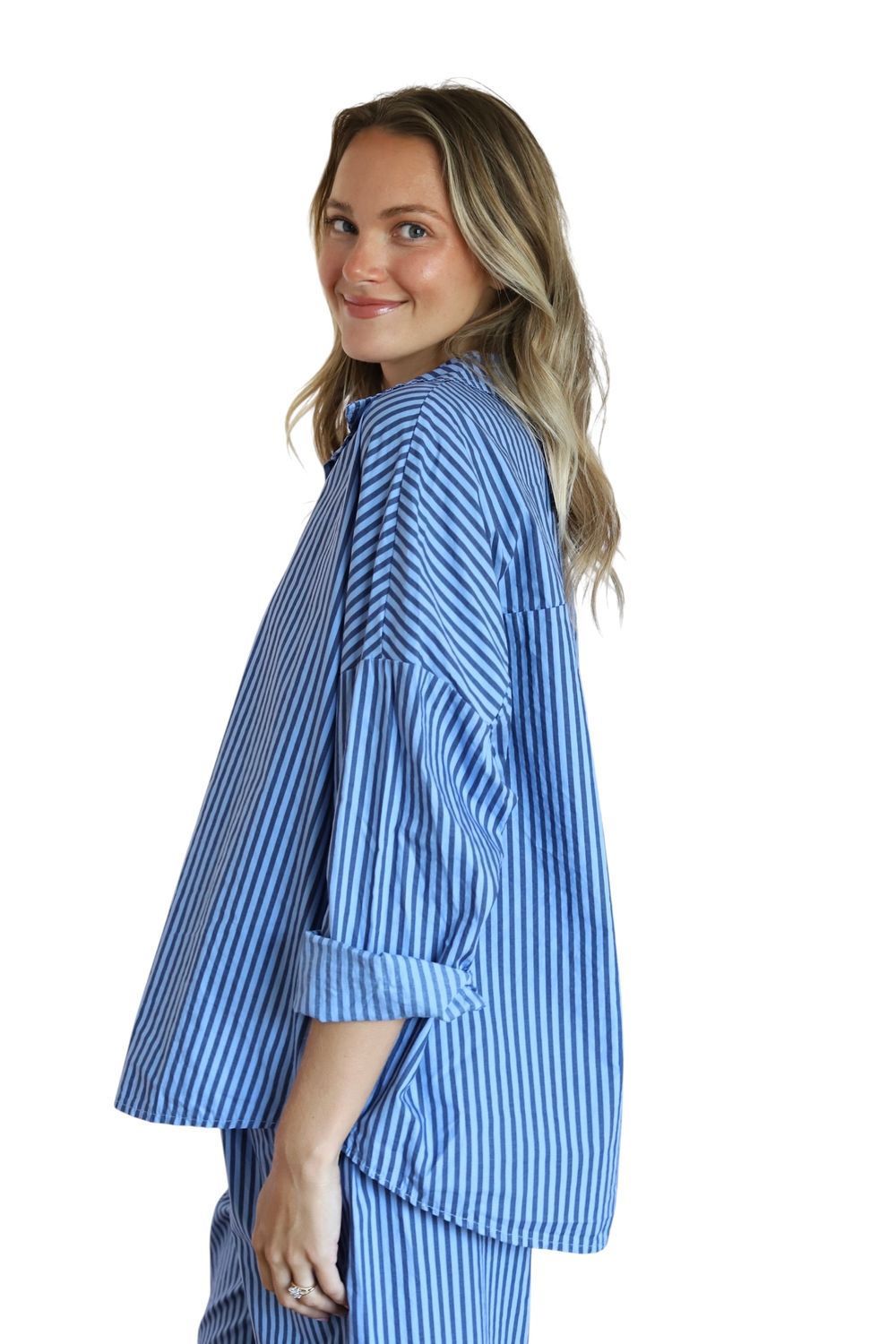 Classic Button Shirt- Mariner Stripe, Dusty Blue