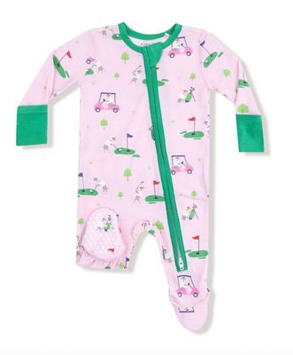 Dog Gone Golf - Pink - 2 Way Zipper Ruffle Back Footie