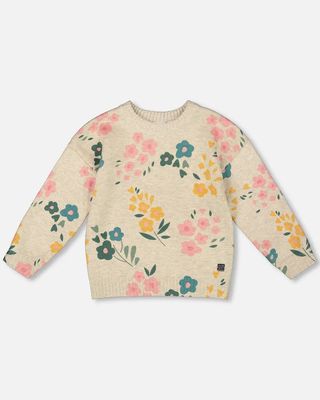 Printed Flower Knit Sweater Oatmeal