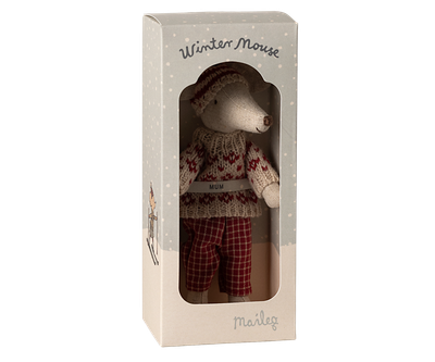 Winter mouse with ski set, Mum - Red