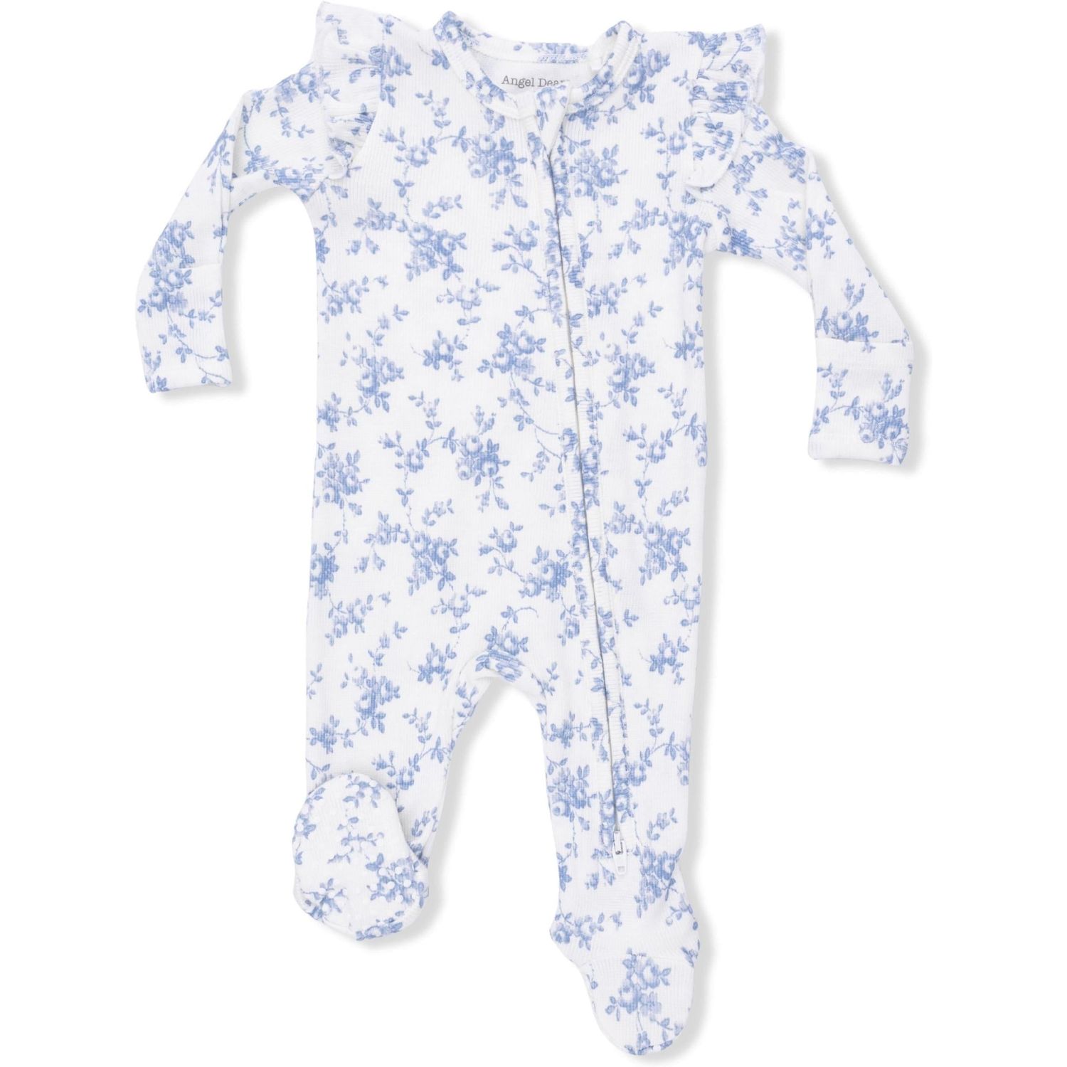 Baby Blue Vines Floral - 2 Way Ruffle Sleeve Zipper Footie
