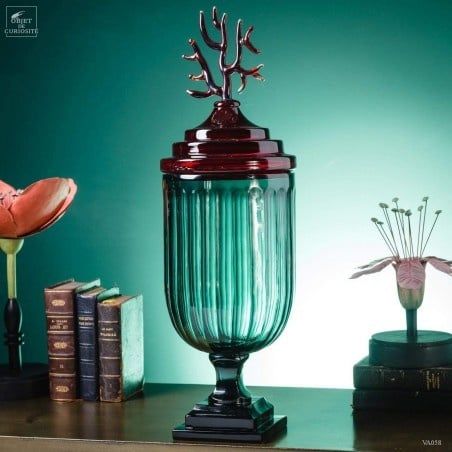 BLUE GLASS FLUTED CANDY JAR, RED GLASS LID