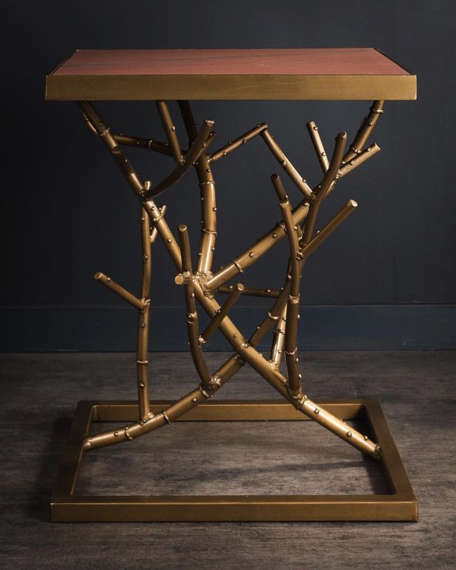 SIDE TABLE PINK MARBLE TOP ON VEGETABLE IRON