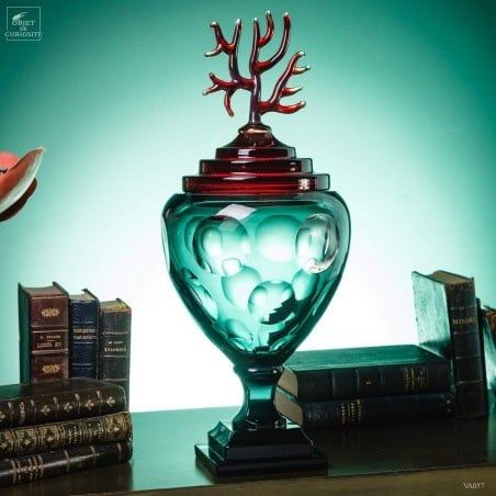 BLUE GLASS CANDY JAR, RED GLASS LID