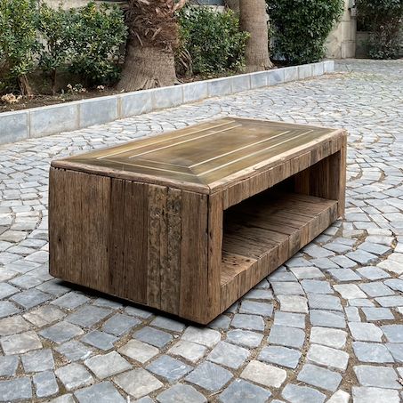 RECLAIMED WOOD COFFEE TABLE BRASS SHEET