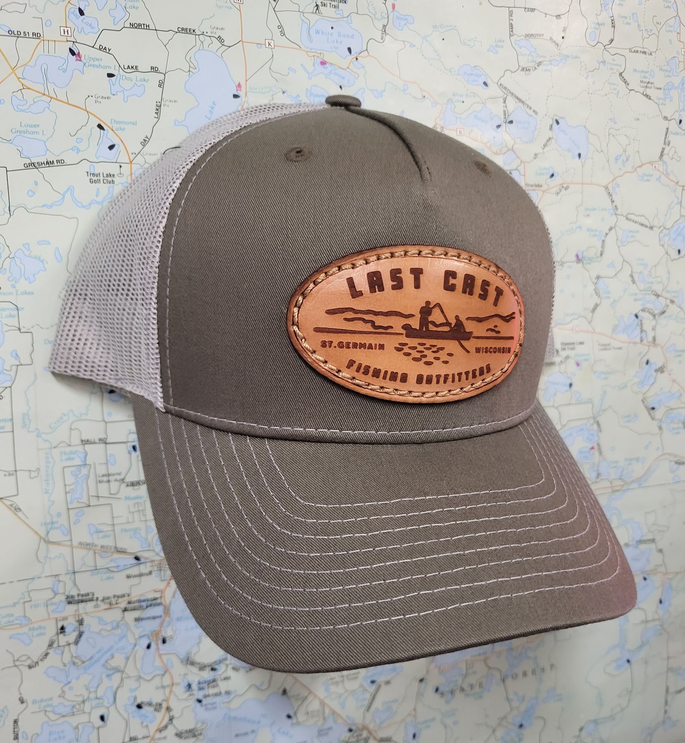 Last Cast Leather Logo Patch Hat, Color: Beetle/Quarry Mesh Back
