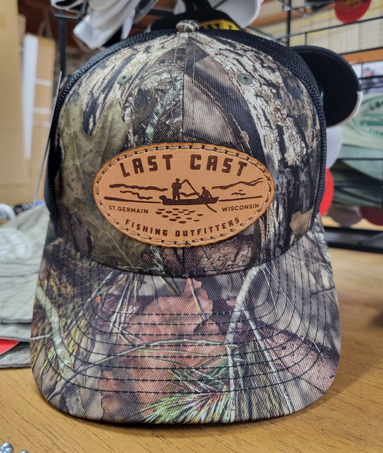 Last Cast Leather Logo Patch Hat Camo/Black Mesh Back