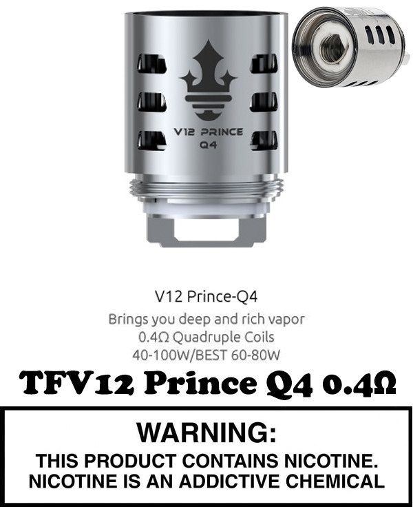 SMOK TFV12 Prince Tank Replacement Coils - Pack of 3, Coil Ω: Q4 .4 Ω (40-100W) 60 to 80W Recommended Range