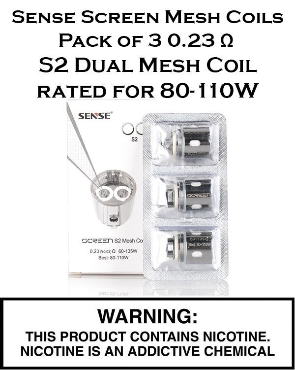 Sense Screen Mesh Coils - Pack of 3, Coil Ω: 0.23 Ω S2 Dual Mesh Coil - rated for 80-110W