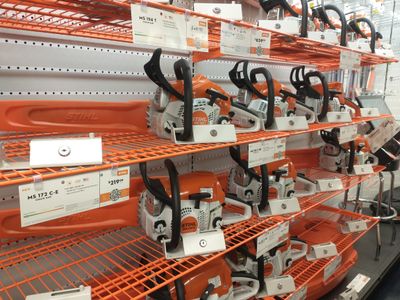 Chainsaws sitting on one of our shelves