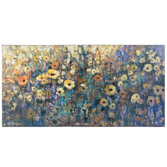 SC DANCING FLOWERS HAND EMBELLISHED ON CANVAS IN BLUE PURPLE YELLOW