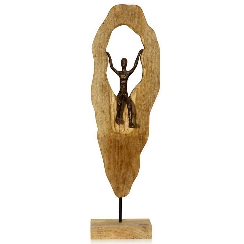 HUMAN DECENDING 26&quot;X8&quot; NATURAL CARVED WOODWITH PEWTER PAIN