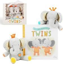 We are Twins Gift Set w/ Book and 2 Plush Elephant Rattles