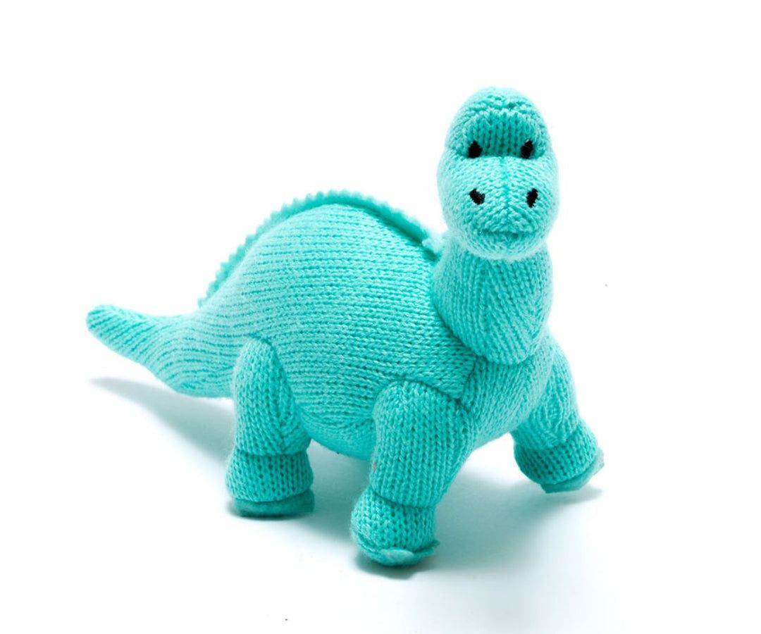 Knitted Diplodocus Dinosaur Baby Rattle - Ice Blue