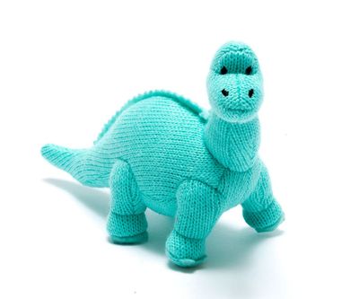 Knitted Diplodocus Dinosaur Baby Rattle - Ice Blue