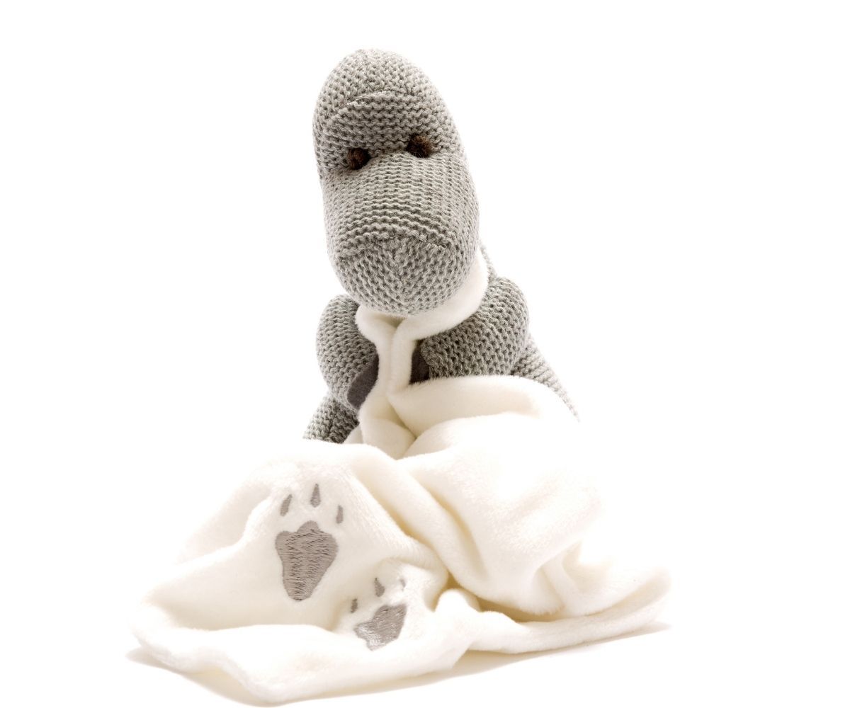 Knitted Grey Diplodocus Dinosaur Toy With Comfort Blanket