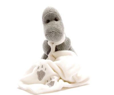 Knitted Grey Diplodocus Dinosaur Toy With Comfort Blanket