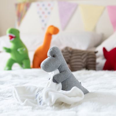 Knitted Grey Diplodocus Dinosaur Toy With Comfort Blanket